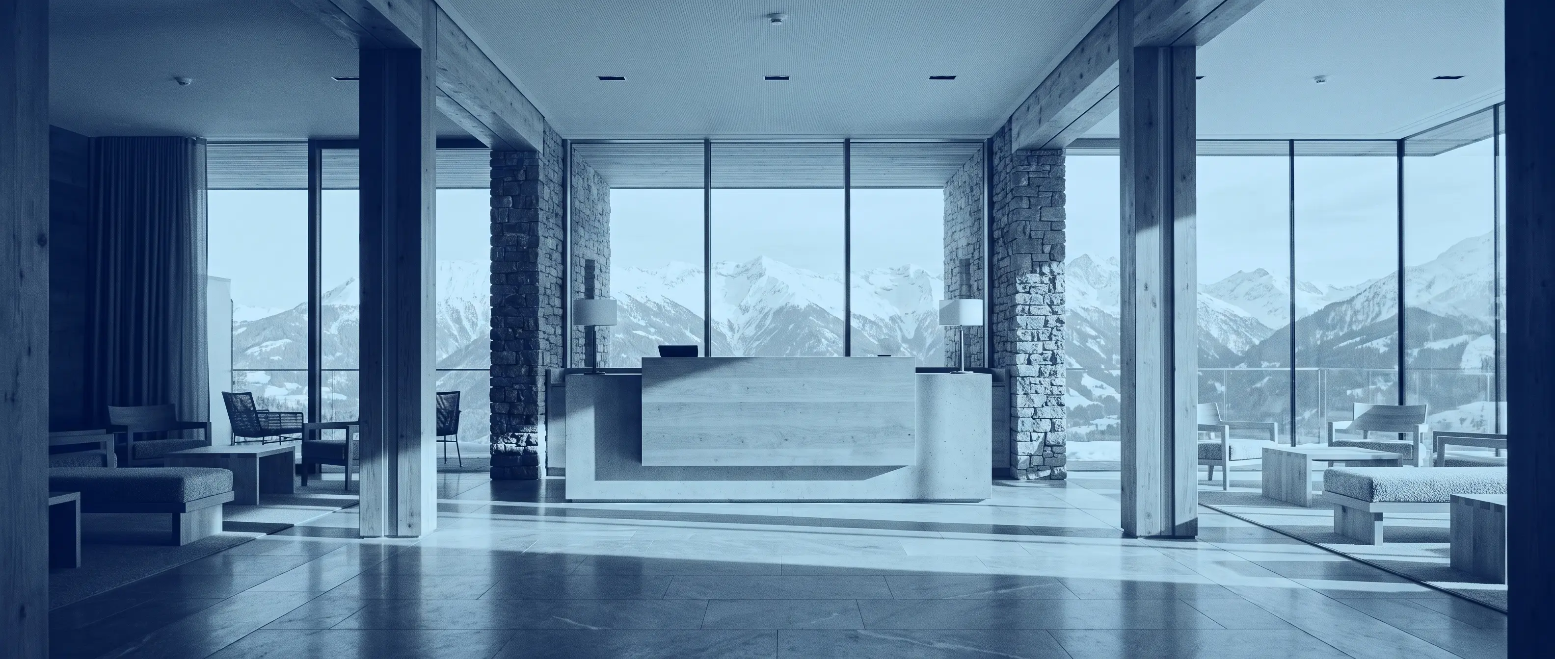 Moderne Alpine Hotel-Lobby, Symbolbild für POS Kassenlösungen in der Hotellerie